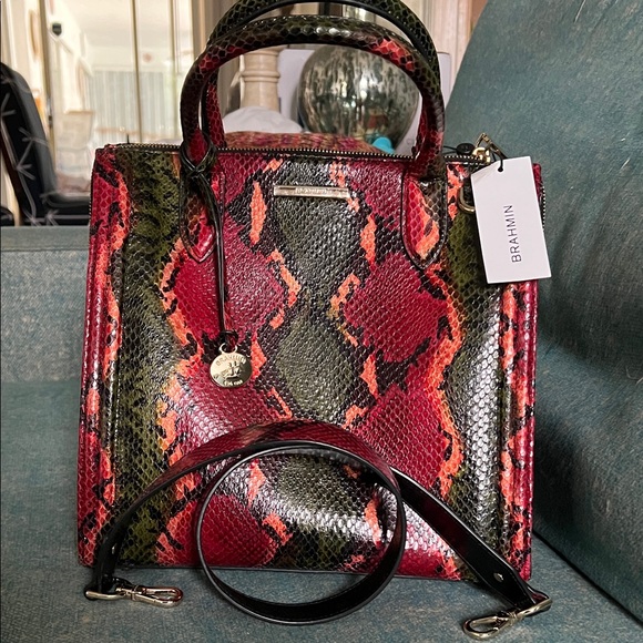 Brahmin Red and Green Snakeskin Satchel bag. - Picture 1 of 8